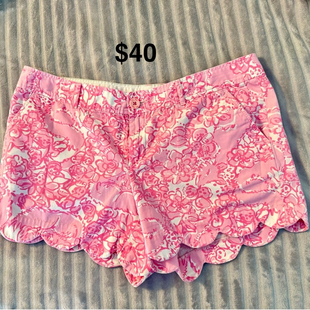 Lilly Pulitzer Pink White Floral Scallop-Hem Shorts